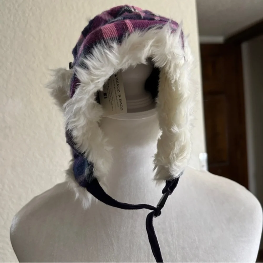 Beadz‎ 'N Bagz Trapper Hat Women OS Purple Plaid Faux Fur NEW
